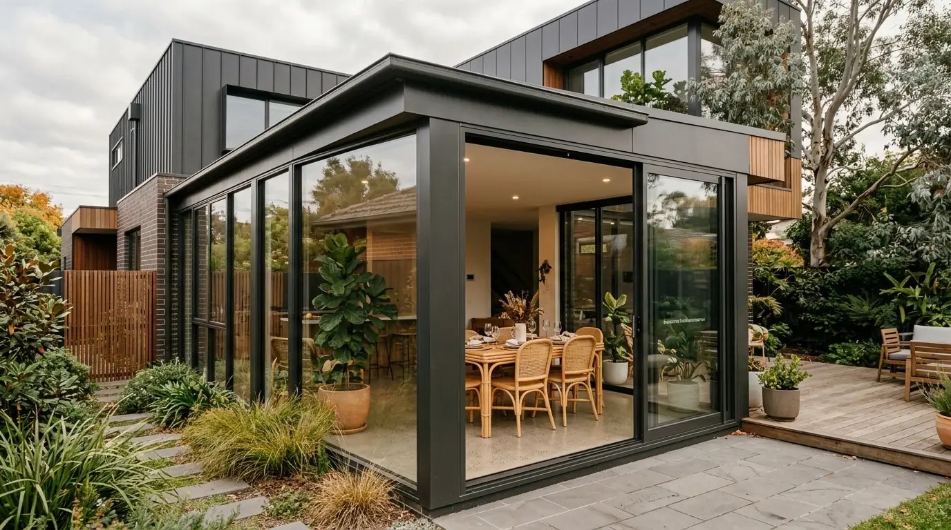 insulated-sunroom-extension-on-melbourne-suburban-home-with-double-glazed-glass-walls-and-charcoal-aluminium-frames