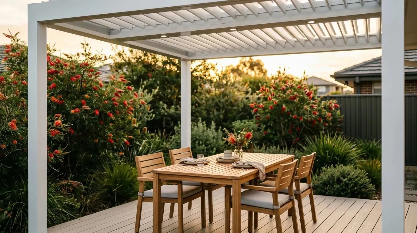 louvred-aluminium-pergola-in-melbourne-backyard-with-outdoor-dining-furniture