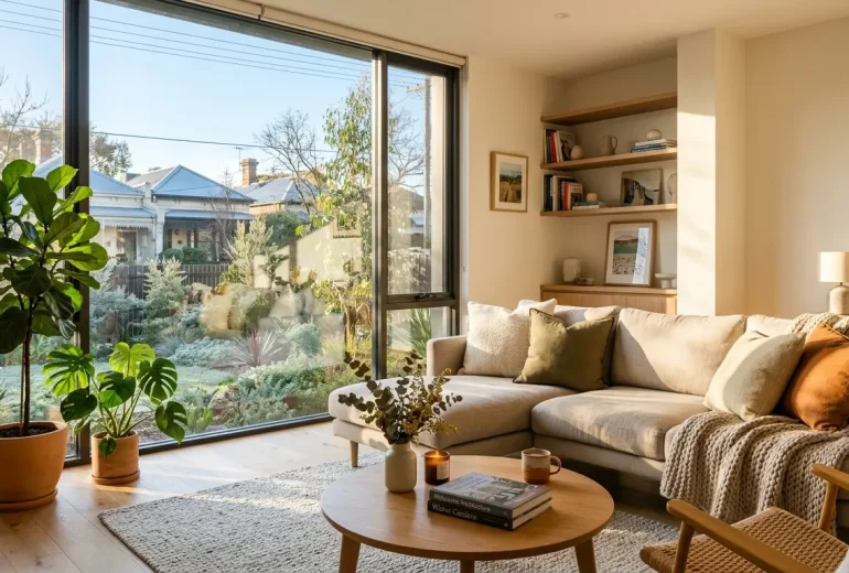 A cozy living room with a couch, coffee table, and plants, featuring a large window with a garden view
