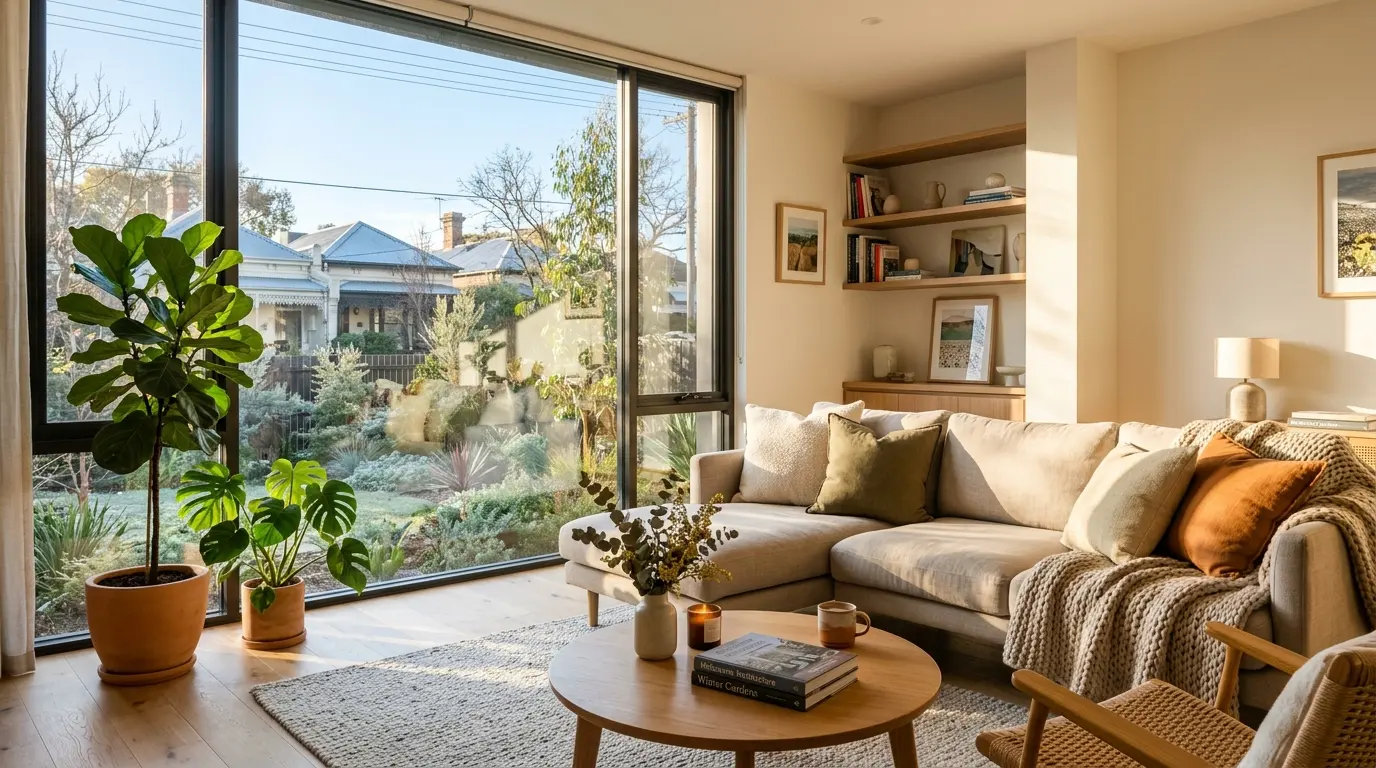 A cozy living room with a couch, coffee table, and plants, featuring a large window with a garden view