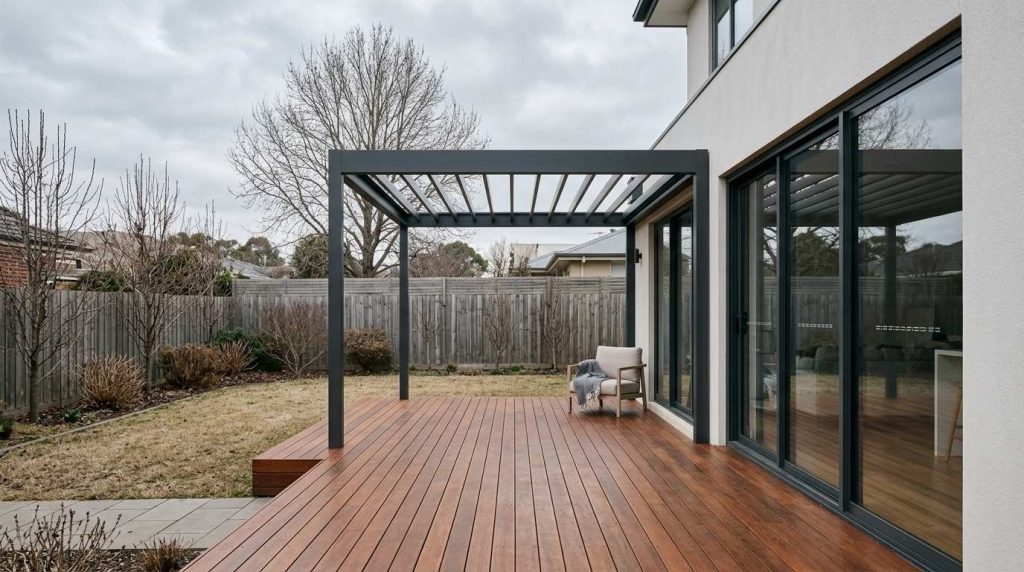 A modern backyard with a wooden deck, pergola, and chair under a cloudy sky, surrounded by a wooden fence