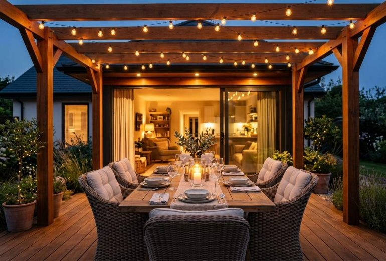 A beautifully set outdoor dining table under a wooden pergola with string lights on a deck at dusk
