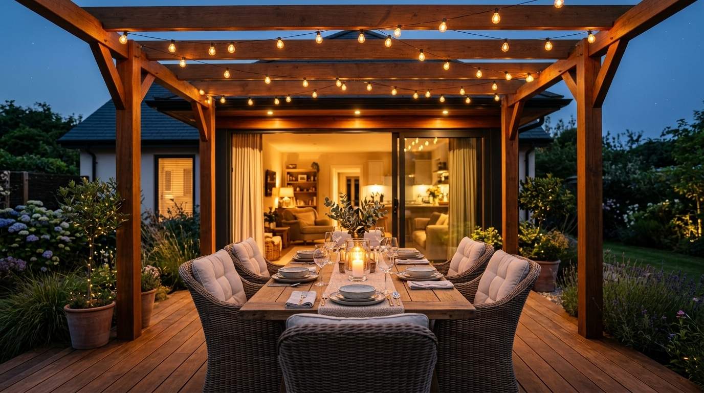 A beautifully set outdoor dining table under a wooden pergola with string lights on a deck at dusk