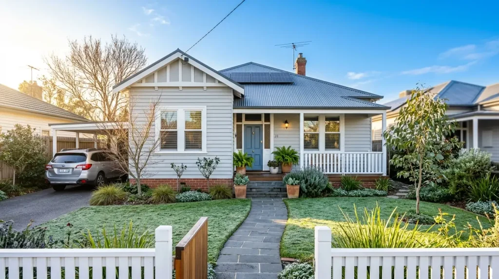 A charming white house with a blue door and a well-manicured lawn and garden