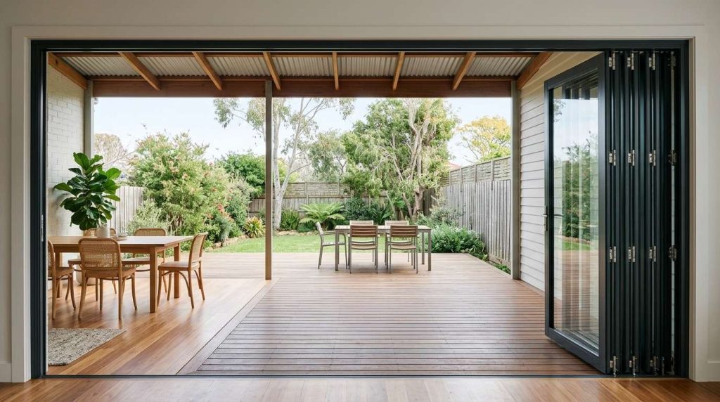 Black folding glass doors open to reveal a wooden deck with dining furniture and a lush green backyard.