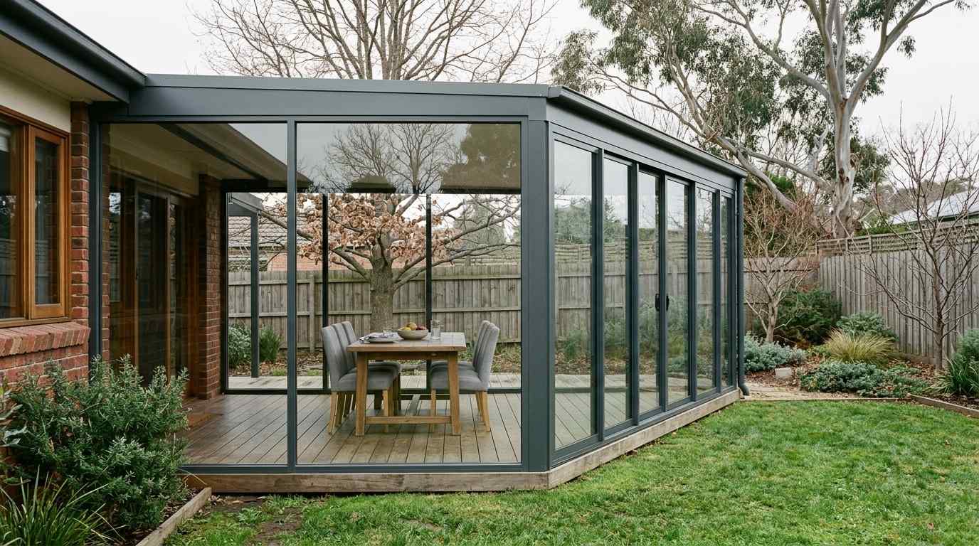 A modern glass-enclosed patio with a wooden deck, featuring a dining table and chairs, surrounded by a lush green lawn and trees.