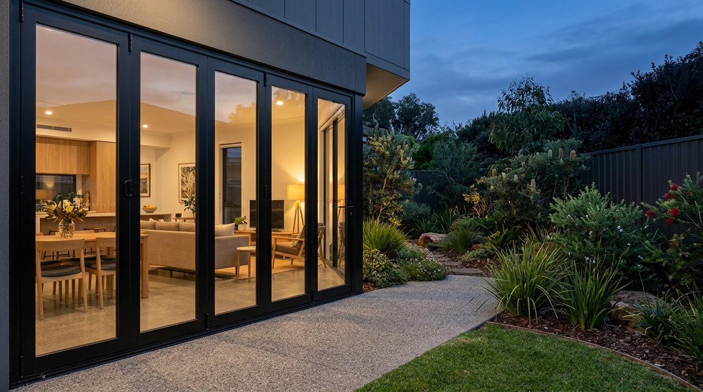 Modern Melbourne house with full-width glass doors open to garden and outdoor living area