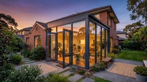 Glass sunroom extension on a Melbourne brick home at dusk, with black-framed double swing doors open onto the paved garden