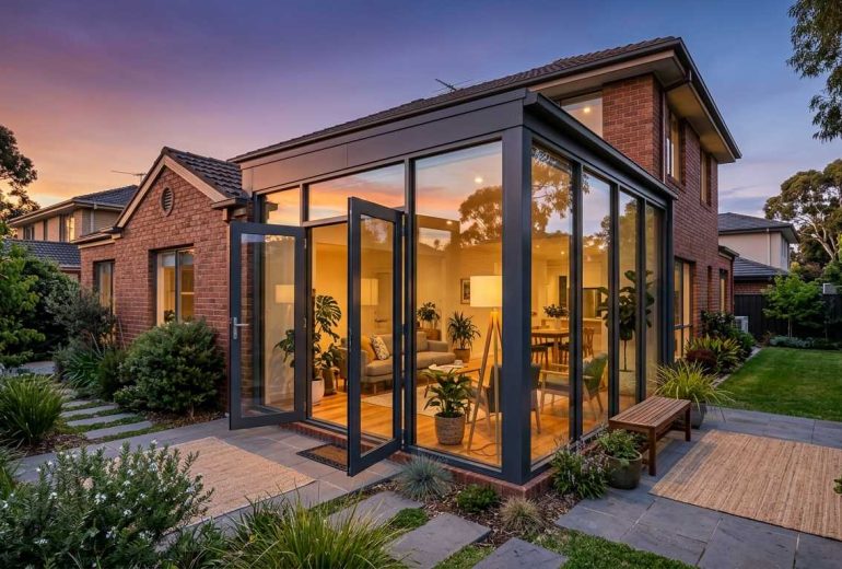Glass sunroom extension on a Melbourne brick home at dusk, with black-framed double swing doors open onto the paved garden