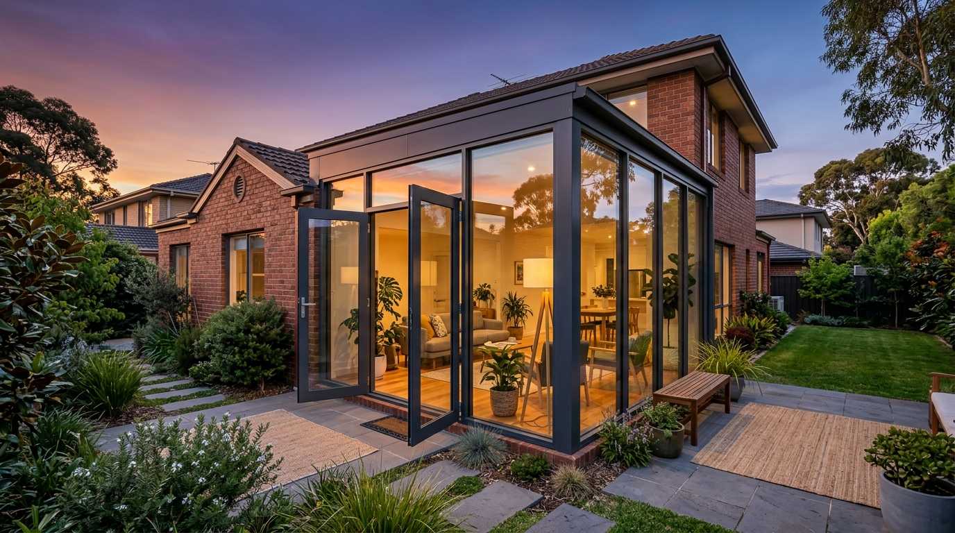 Glass sunroom extension on a Melbourne brick home at dusk, with black-framed double swing doors open onto the paved garden