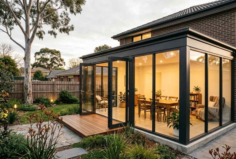 Modern glass sunroom extension with black frames attached to a brick house, featuring a wooden deck and garden.
