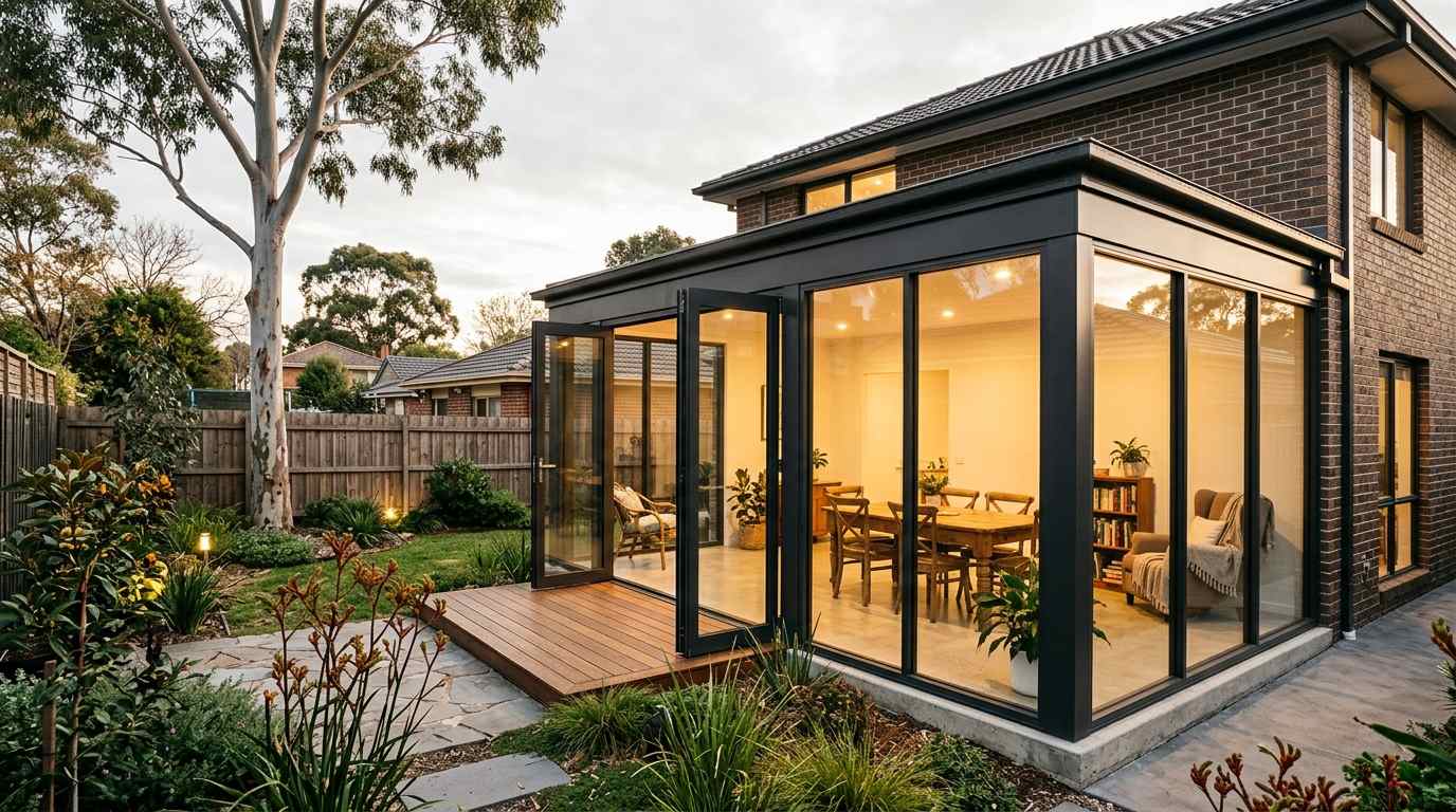 Modern glass sunroom extension with black frames attached to a brick house, featuring a wooden deck and garden.