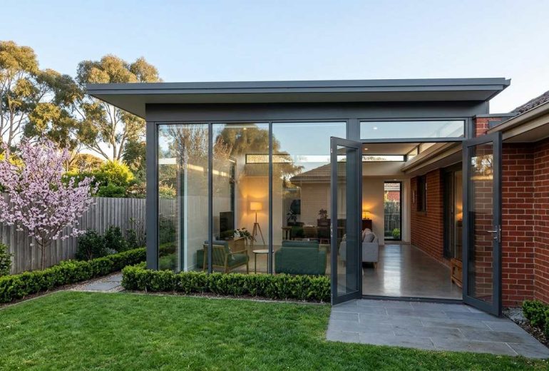 Glass sunroom extension with a slim solid insulated roof on a Melbourne brick home, doors open to a spring garden with a blossoming tree
