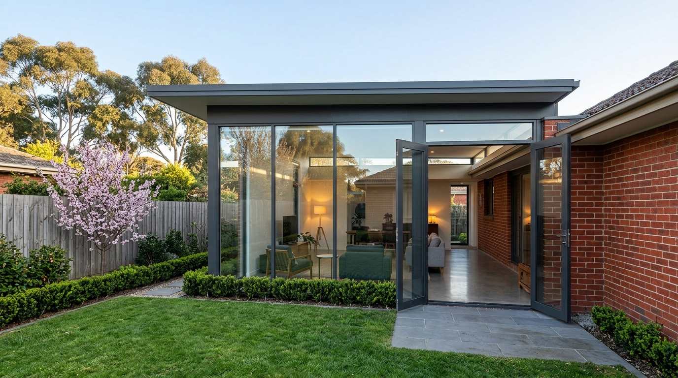 Glass sunroom extension with a slim solid insulated roof on a Melbourne brick home, doors open to a spring garden with a blossoming tree