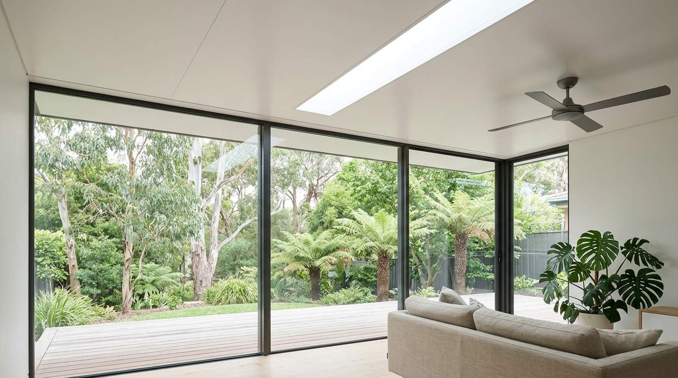 Sunroom interior with a slim insulated ceiling and a single skylight strip, three full-height glass panels looking onto an Australian garden