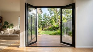 Black aluminium double swing doors open outwards from a living room onto a timber deck and garden, giving a full-width clear opening with no centre track