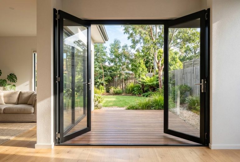 Black aluminium double swing doors open outwards from a living room onto a timber deck and garden, giving a full-width clear opening with no centre track