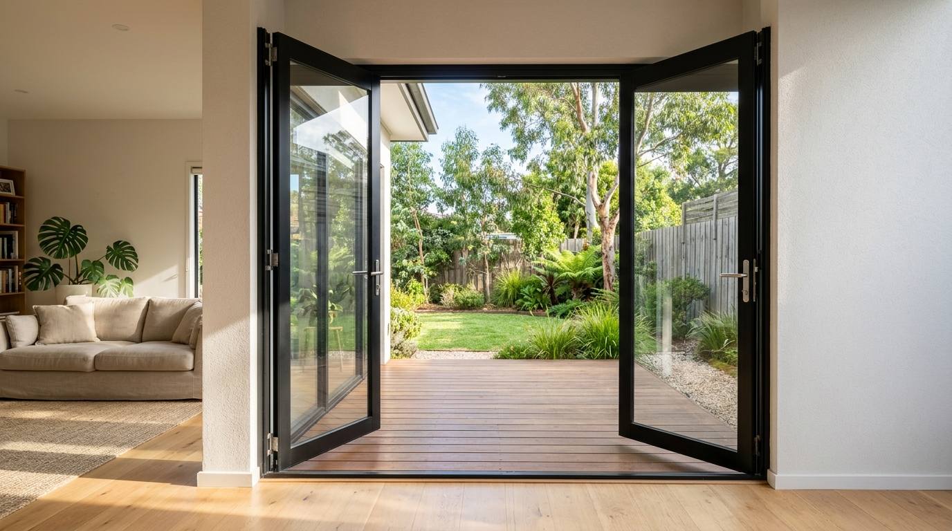 Black aluminium double swing doors open outwards from a living room onto a timber deck and garden, giving a full-width clear opening with no centre track