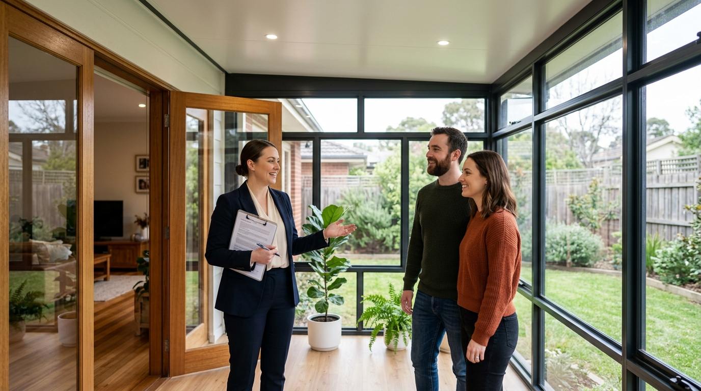Real estate agent showing buyers a glass sunroom and explaining what makes a sunroom add value at resale