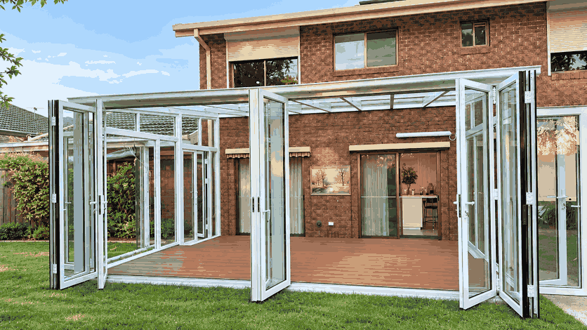 Sunroom folding glass walls folded back against the reveal, opening onto the lawn