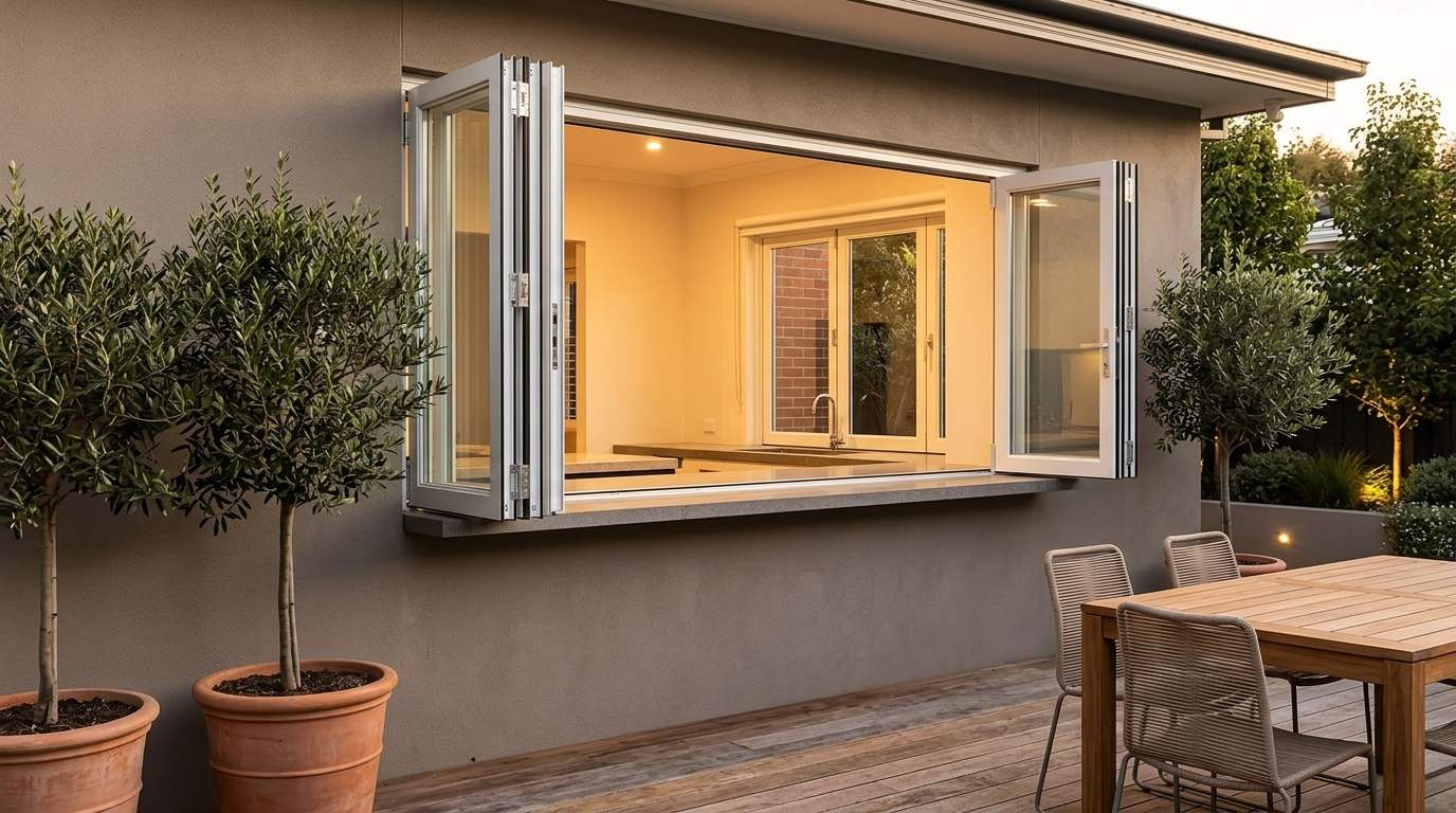 Bi-parting bifold window with half the panels folded to each side