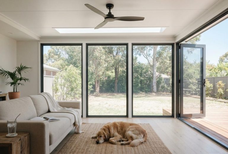 Golden retriever asleep on a rug in a sunroom on a hot summer day, ceiling fan and skylight overhead, glass doors open to a timber deck