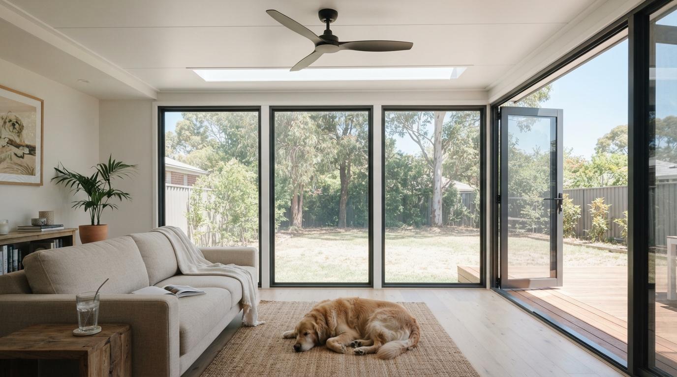 Golden retriever asleep on a rug in a sunroom on a hot summer day, ceiling fan and skylight overhead, glass doors open to a timber deck