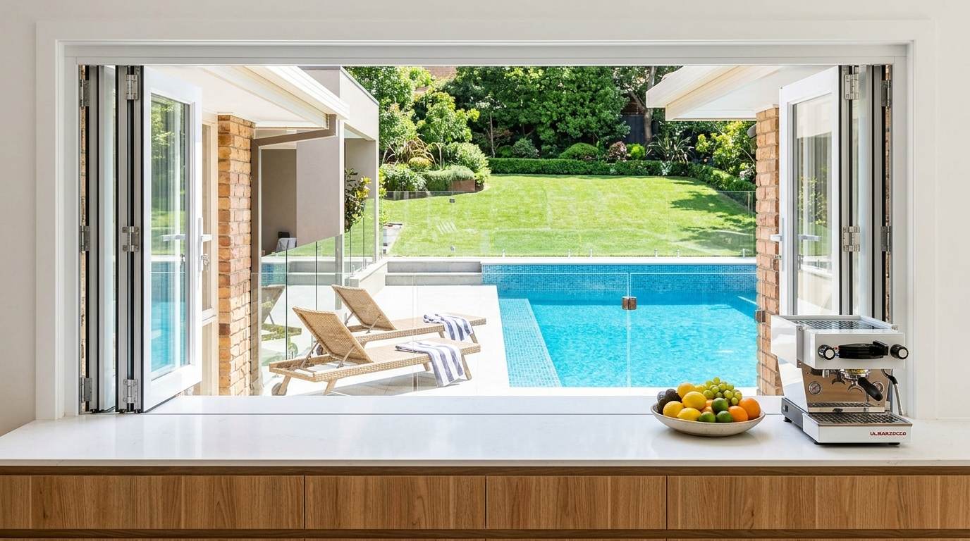 Bifold servery window folded open, seen from inside the kitchen across the bench