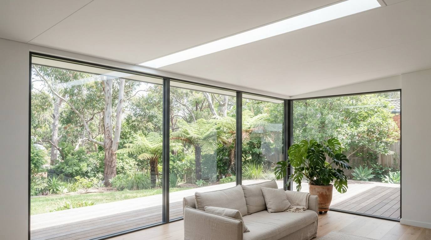 Sunroom interior with a slim solid insulated ceiling and a single skylight strip, three full-height glass panels looking onto a garden of eucalypts and tree ferns