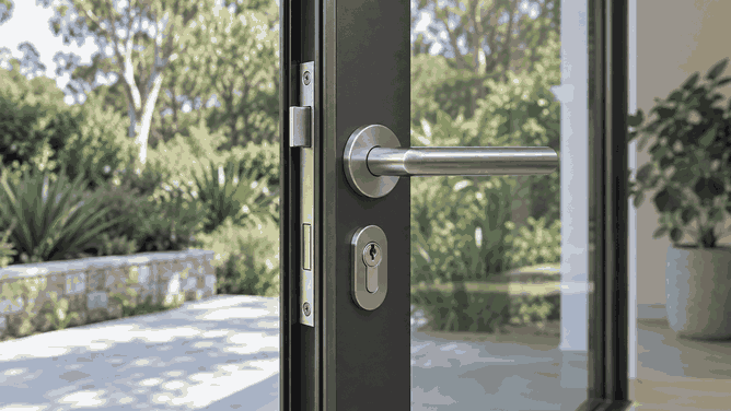 Close-up of a stainless lever handle and euro cylinder on a slim matte charcoal aluminium door, garden visible through the glass