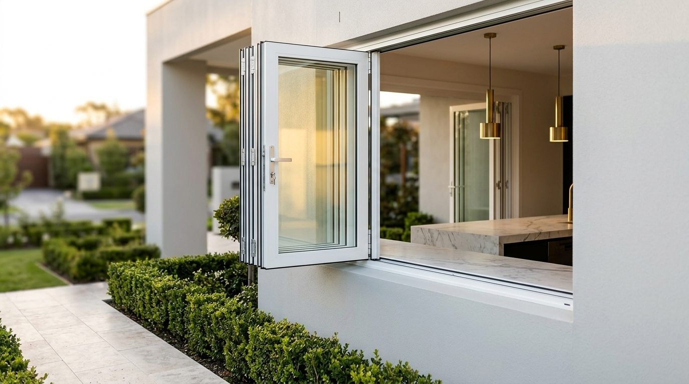 Two-panel white bifold window folded open above a kitchen servery sill