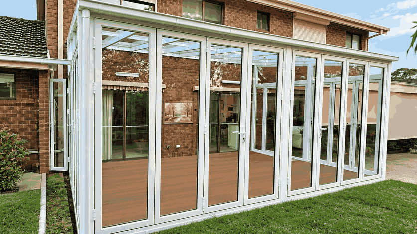 White-framed aluminium sunroom with folding glass walls closed over a timber deck