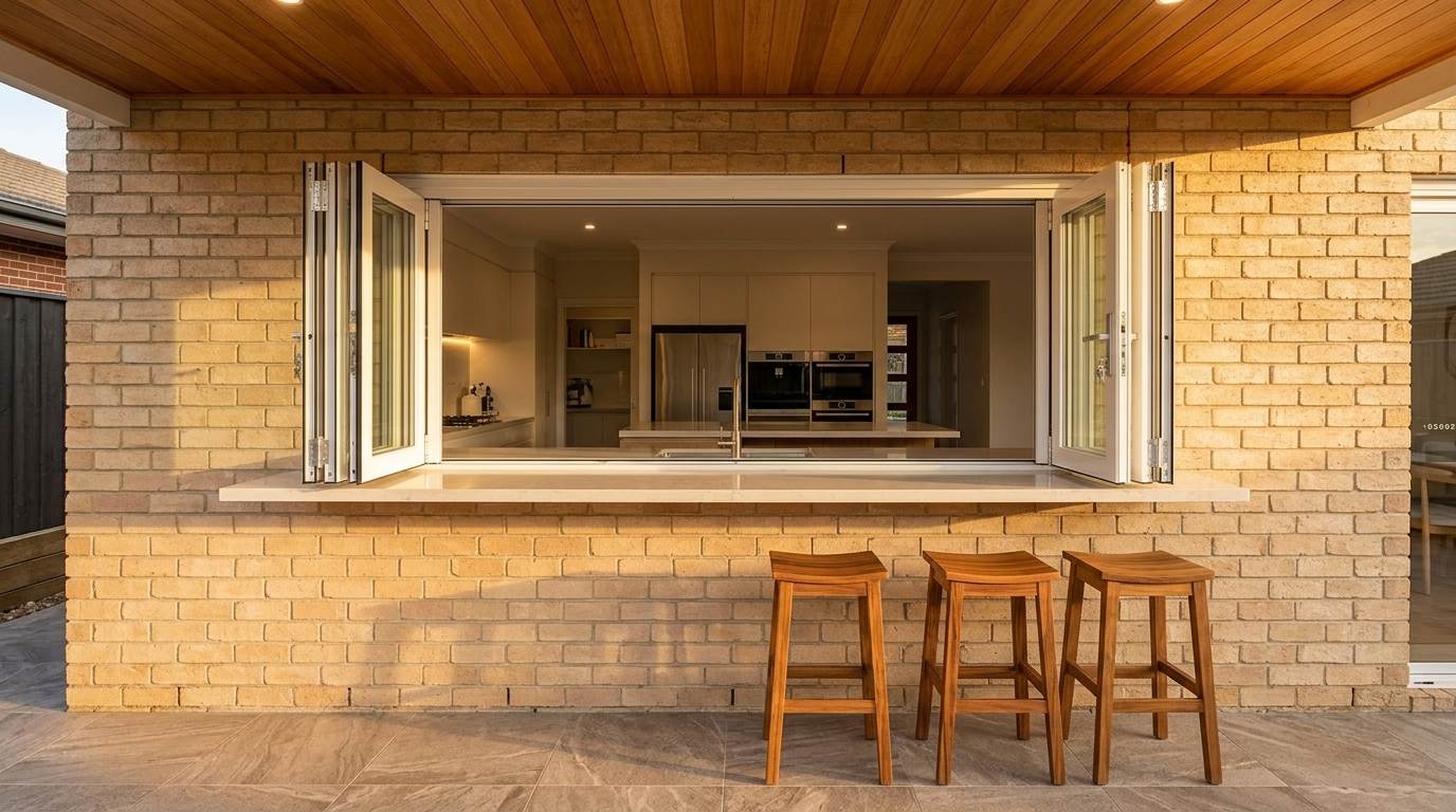 Wide bifold servery window stacked at both ends above a brick bar bench
